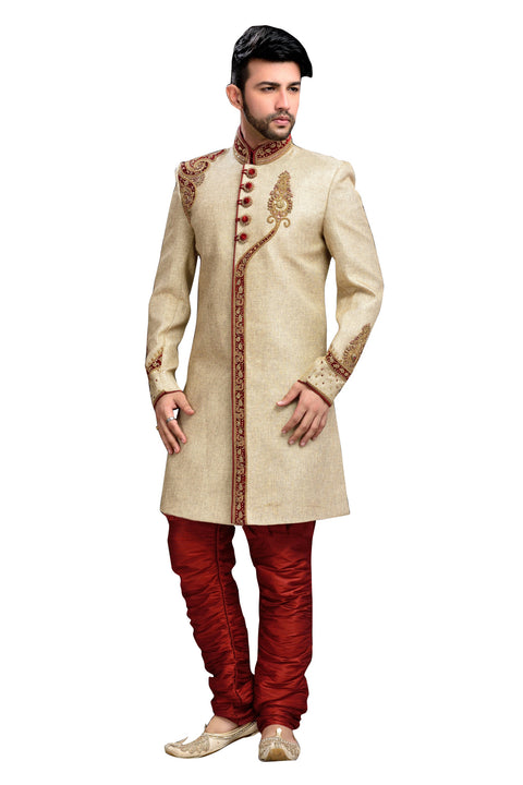 Traditional Beige Jute Silk Indian Wedding Sherwani For Men