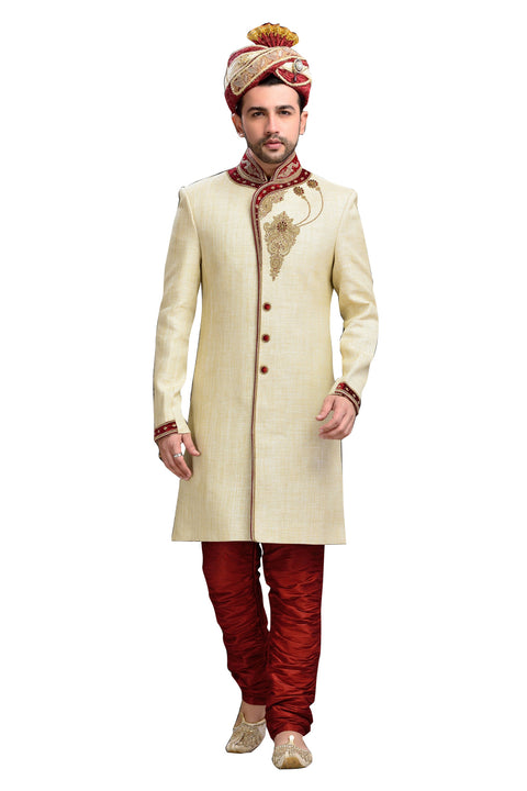 Modern Cream Jute Silk Indian Wedding Sherwani For Men