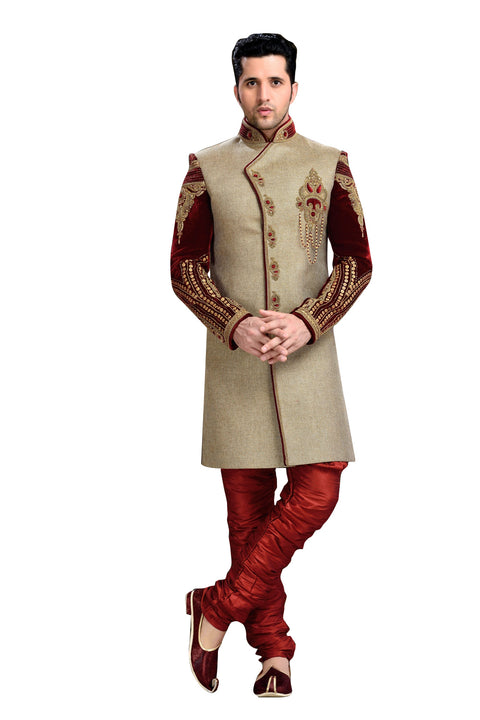 Traditional Tan Brown Jute Silk And Velvet Indian Wedding Sherwani For Men