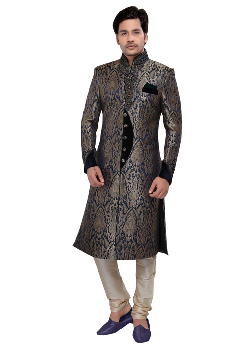Royal Look Navy Blue Brocade Silk Indian Wedding Sherwani For Men