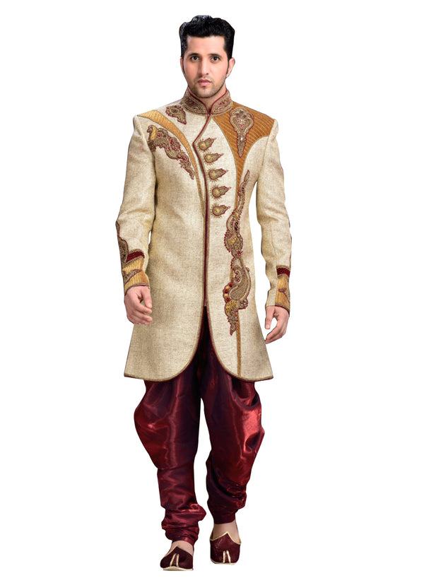 Fancy Beige Jute Indian Wedding Sherwani For Men