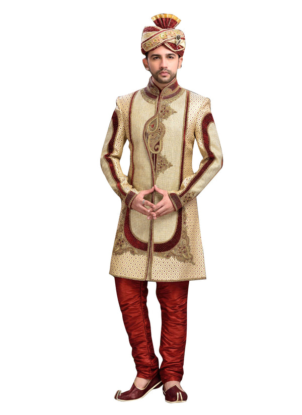 Traditional Tan Brown Jute Indian Wedding Sherwani For Men