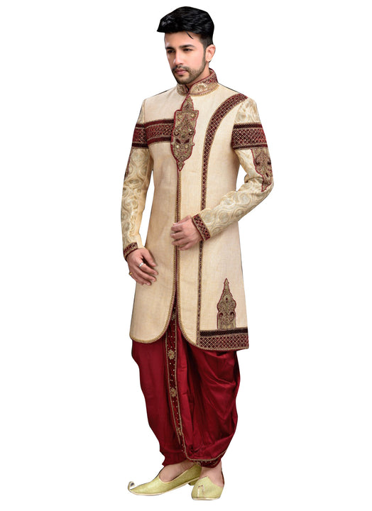 Traditional Cream Jute Indian Wedding Sherwani For Men