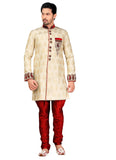 Ethnic Cream Jacquard Silk Indian Wedding Sherwani For Men