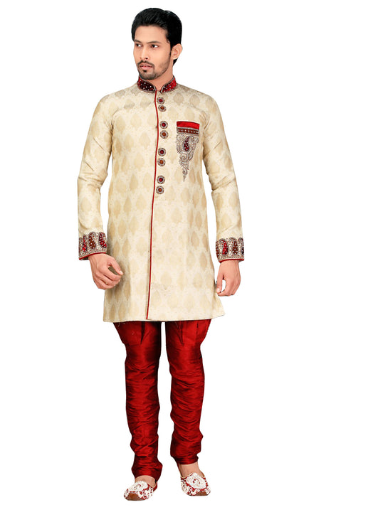 Ethnic Cream Jacquard Silk Indian Wedding Sherwani For Men