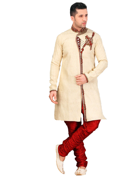 Royal Look Cream Jacquard Silk Indian Wedding Sherwani For Men