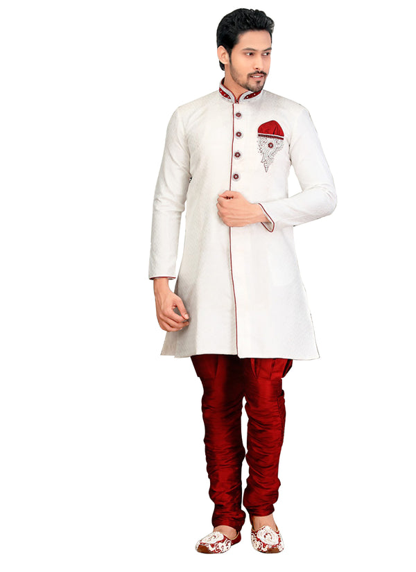 Modern Off White Jacquard Silk Indian Wedding Sherwani For Men