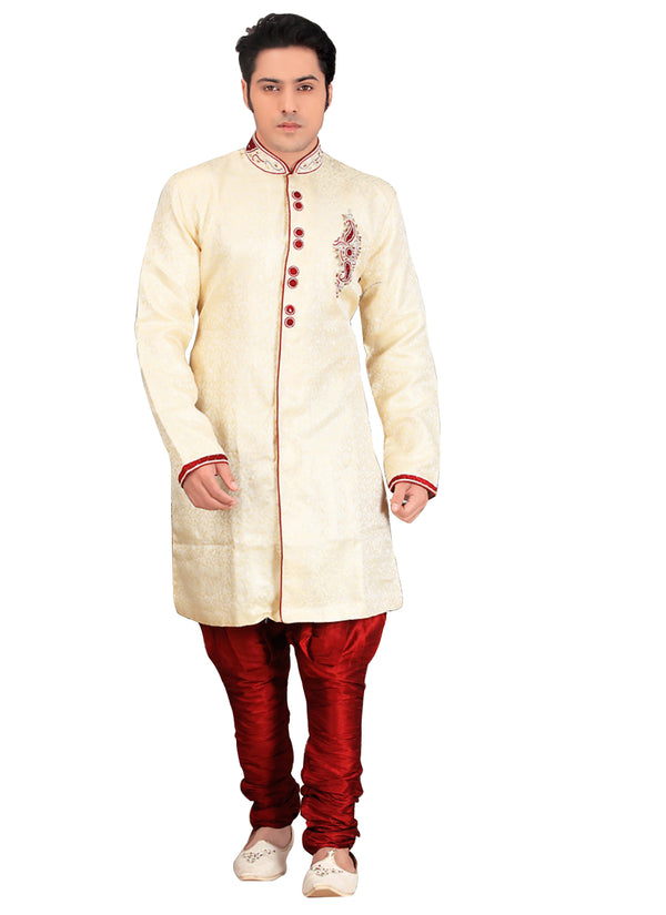 Ethnic Cream Jacquard Silk Indian Wedding Sherwani For Men