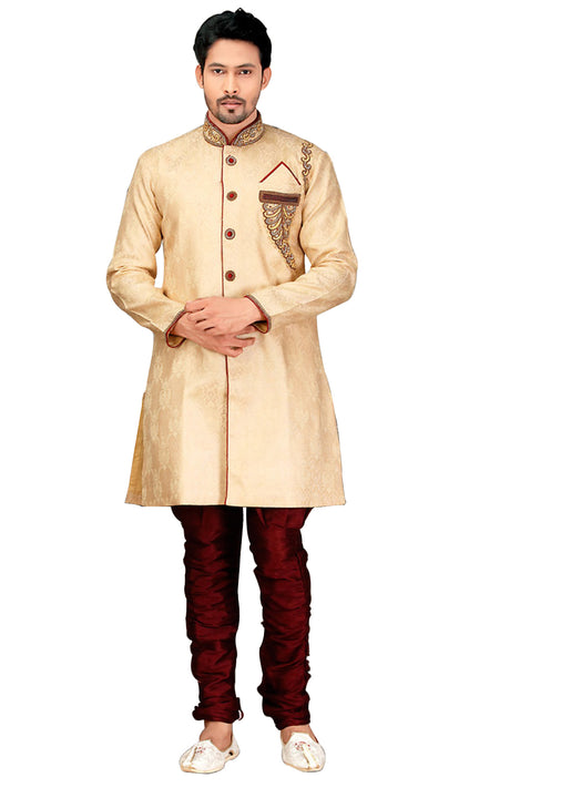 Traditional Dark Cream Jacquard Silk Indian Wedding Sherwani For Men