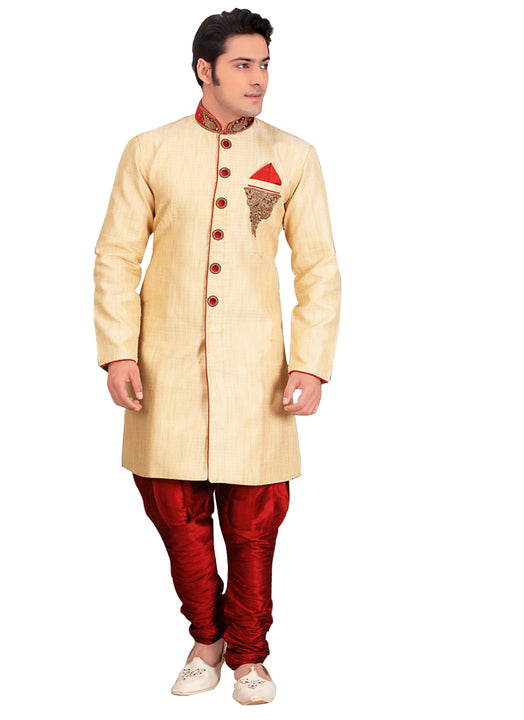 Fancy Dark Cream Dupioni Raw Silk Indian Wedding Sherwani For Men