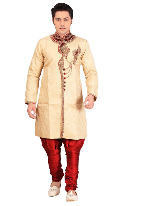 Traditional Beige Jacquard Silk Indian Wedding Sherwani For Men