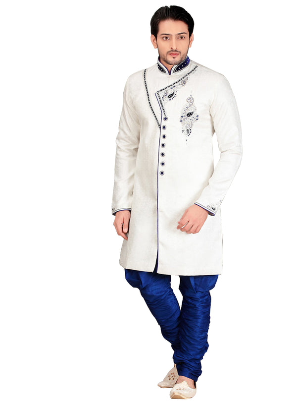 Modern White Jacquard Silk Indian Wedding Sherwani For Men