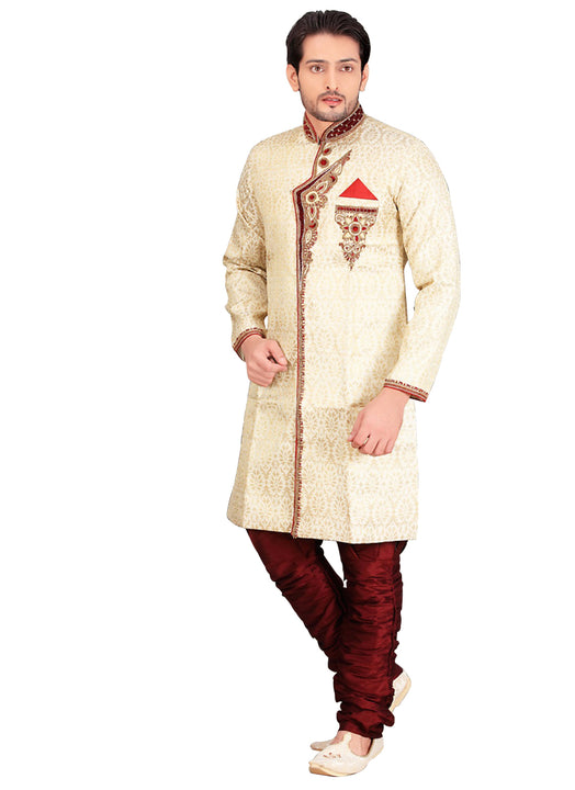 Fancy Cream Jacquard Silk Indian Wedding Sherwani For Men