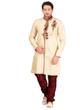 Ethnic Dark Cream Jute Silk Indian Wedding Sherwani For Men