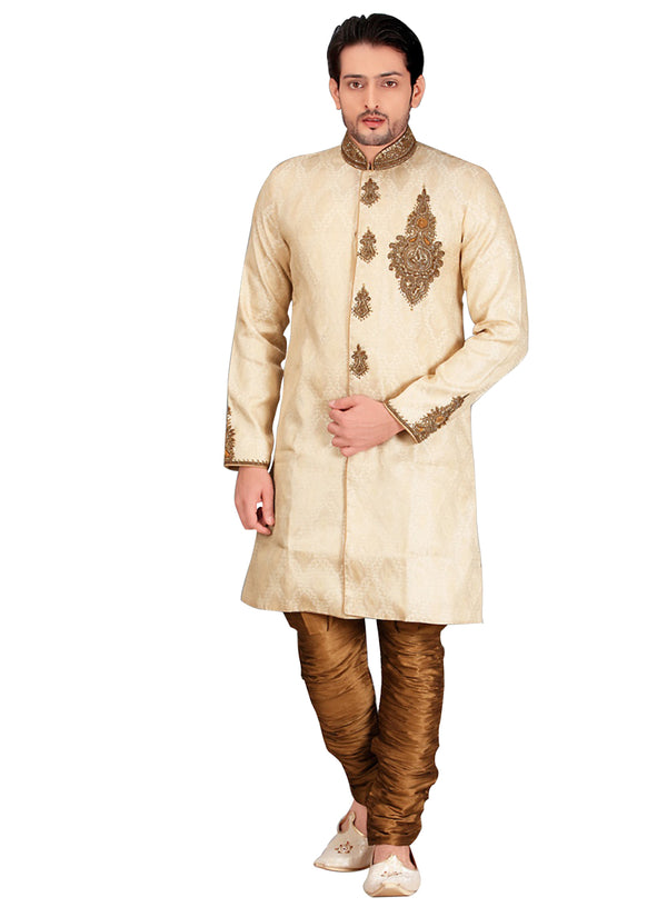 Ethnic Cream Jacquard Silk Indian Wedding Sherwani For Men