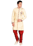 Elegant Cream Jacquard Silk Indian Wedding Sherwani For Men