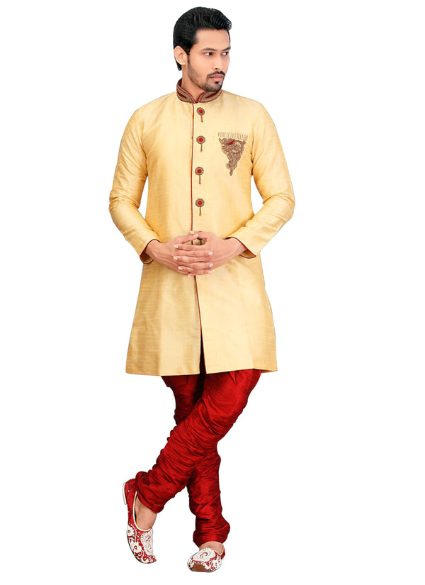 Traditional Dark Cream Dupioni Raw Silk Indian Wedding Sherwani For Men