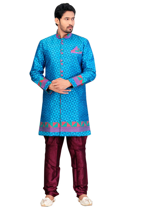 Fancy Sky Blue Dupioni Raw Silk Indian Wedding Sherwani For Men
