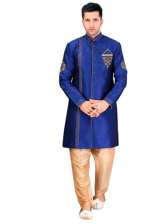 Royal Look Navy Blue Dupioni Raw Silk Indian Wedding Sherwani For Men