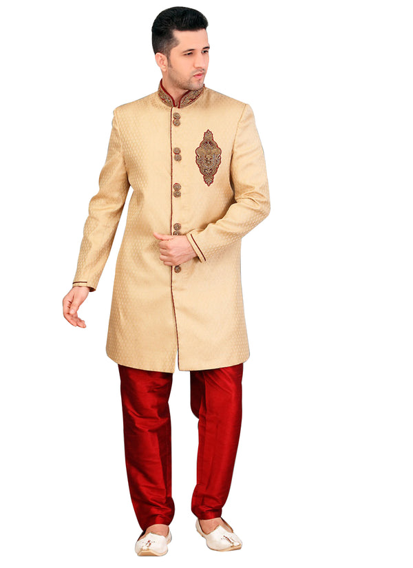 Ethnic French Beige Jacquard Silk Indian Wedding Sherwani For Men