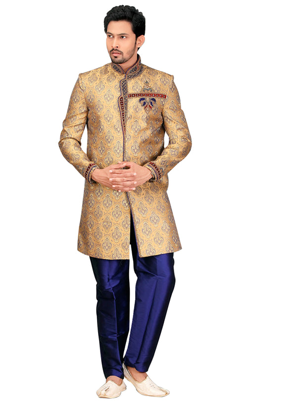 Traditional French Beige Jacquard Silk Indian Wedding Sherwani For Men