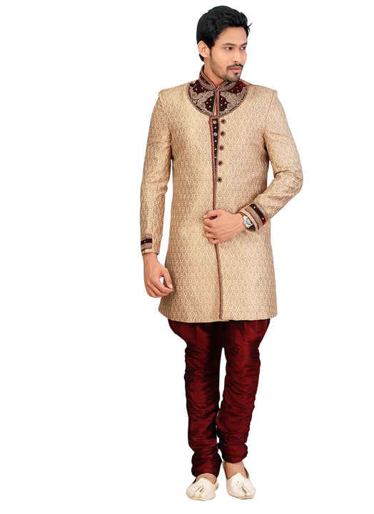 Ethnic French Beige Jacquard Silk Indian Wedding Sherwani For Men