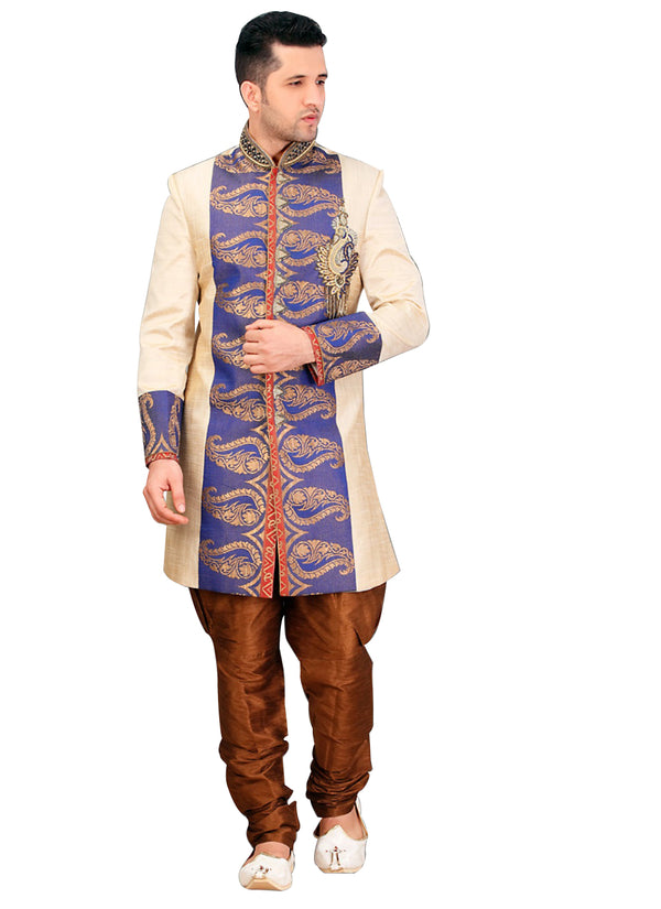 Ethnic Beige Dupioni Raw Silk Indian Wedding Sherwani For Men