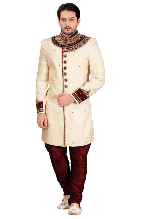 Fancy Cream Jacquard Silk Indian Wedding Sherwani For Men