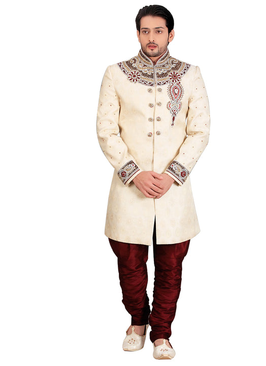 Traditional Cream Jacquard Silk Indian Wedding Sherwani For Men