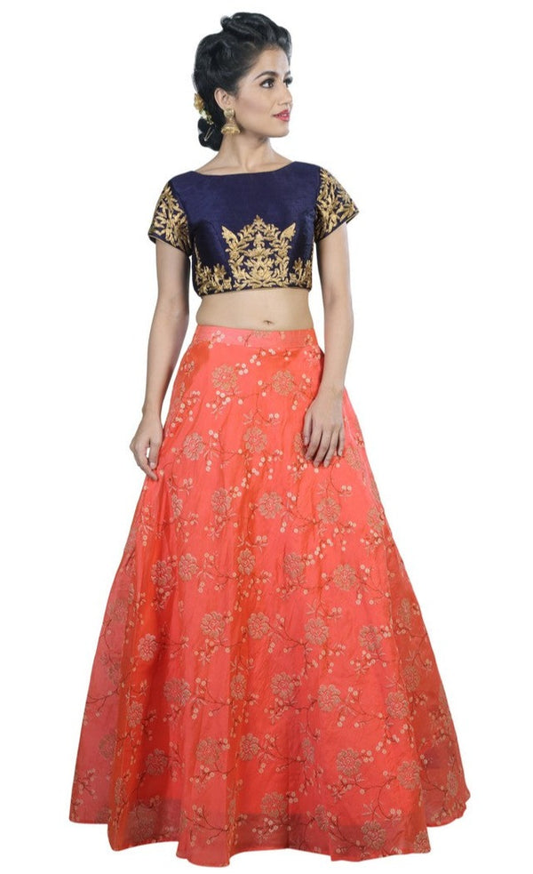 Mystical Peach and Navy Crop Top Style Lehenga -SNT11030
