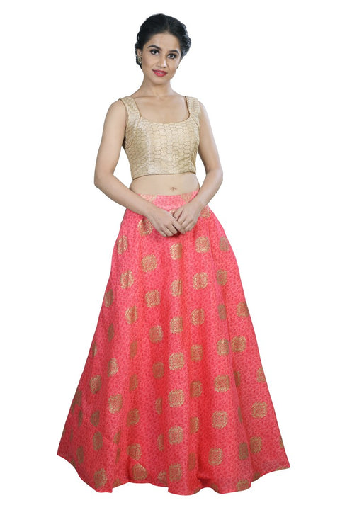 Flirty Coral and Gold Crop Top Style Lehenga
