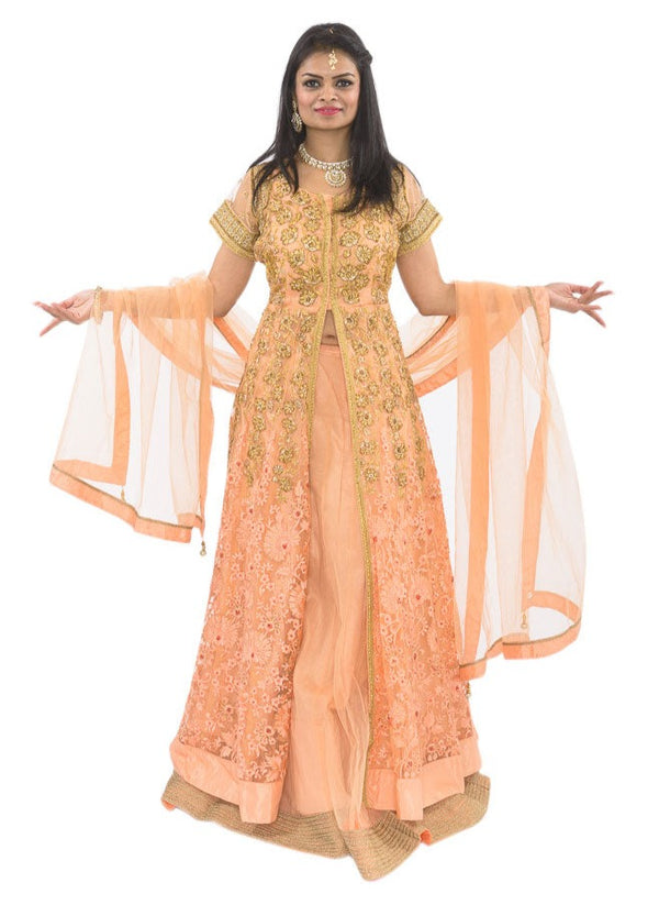 Golden Princess Peach Embroidered Indo-Western Lehenga-SNT11116