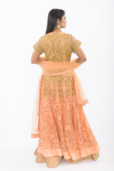 Golden Princess Peach Embroidered Indo-Western Lehenga-SNT11116