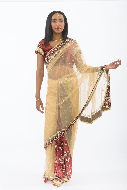 Alluring Maroon & Gold Lehenga Style Ready-Made Pre-Pleated Sari