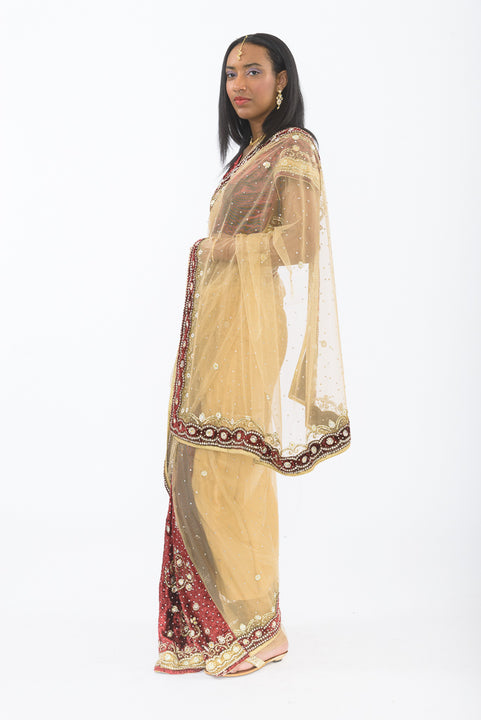 Alluring Maroon & Gold Lehenga Style Ready-Made Pre-Pleated Sari