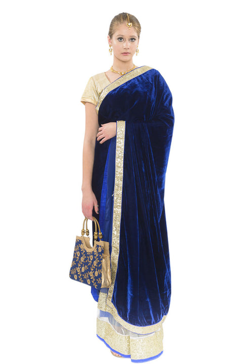 Rani Navy Blue Velvet and Net Ready-Made Pre-Pleated Sari-SNT10119