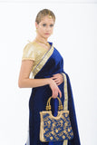 Rani Navy Blue Velvet and Net Ready-Made Pre-Pleated Sari