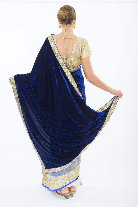 Rani Navy Blue Velvet and Net Ready-Made Pre-Pleated Sari