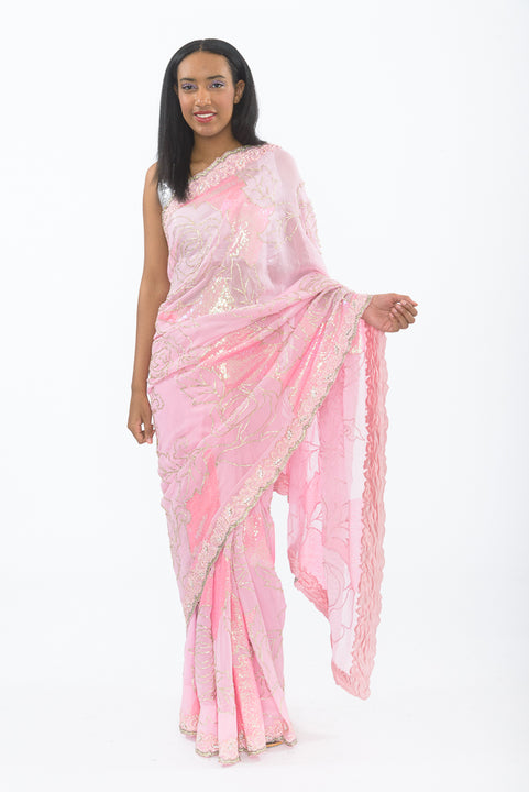 Sweet Pink Rose Party Wear Sari