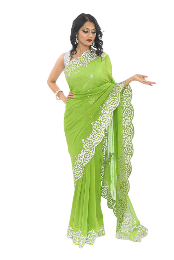 Lime Green with Diamond Border Party Wear Sari