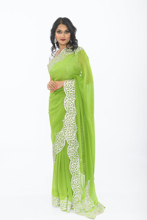 Lime Green with Diamond Border Party Wear Sari