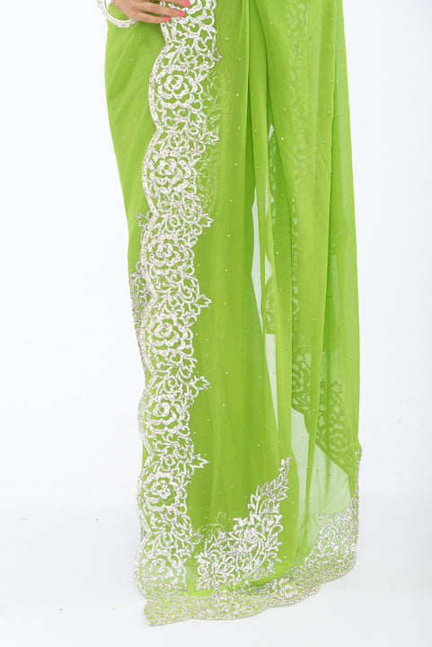 Lime Green with Diamond Border Party Wear Sari