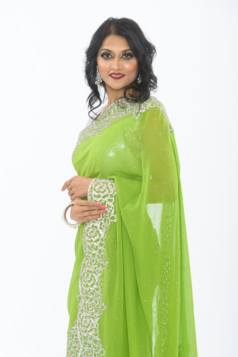 Lime Green with Diamond Border Party Wear Sari