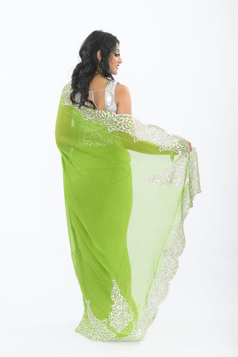 Lime Green with Diamond Border Party Wear Sari