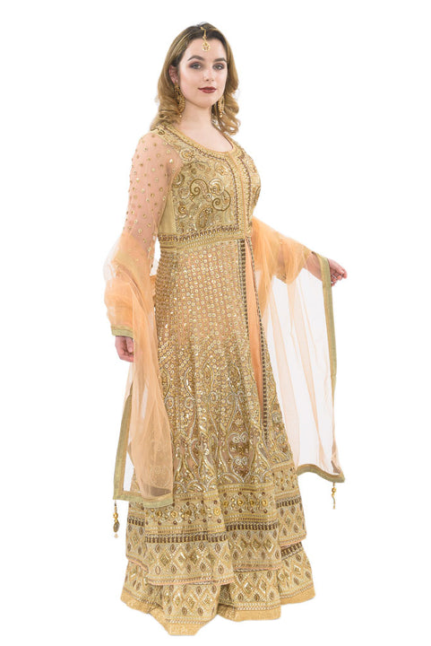 Majestic Lace Gold and Peach Indo-Western Lehenga-SNT11071