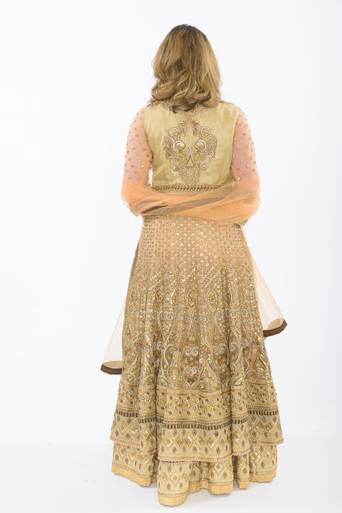 Majestic Lace Gold and Peach Indo-Western Lehenga-SNT11071