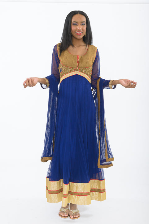 Egyptian Blue Indo-Western Anarkali Gown - Front