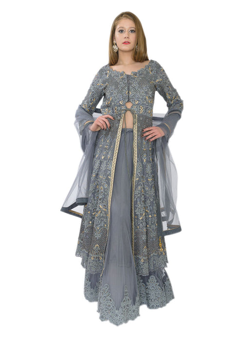 Modern Stylish Grey Lace Indo-Western Lehenga Gown-SNT11115