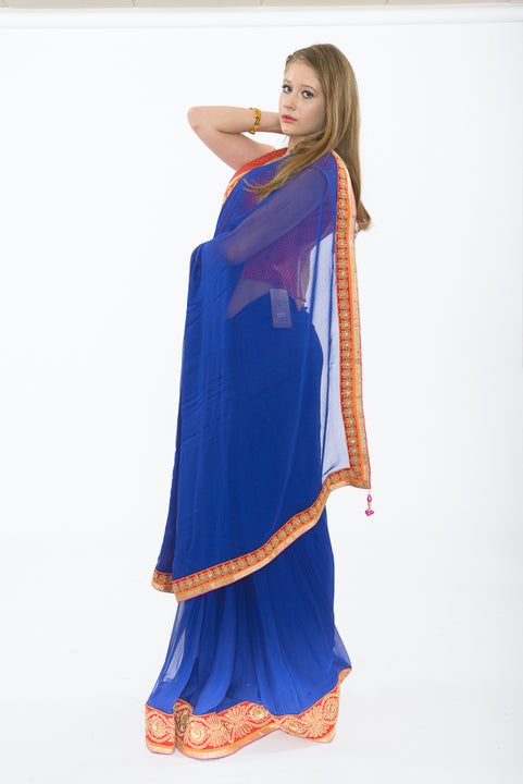 Traditional Indian Beauty Royal Blue Ready-Made Pre-Pleated Sari-SNT10127