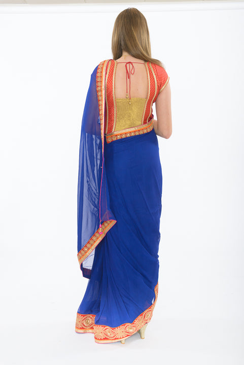 Traditional Indian Beauty Royal Blue Ready-Made Pre-Pleated Sari-SNT10127